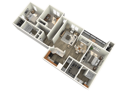 A 3D floor plan of a house with multiple rooms and furniture.